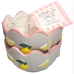 Luna & Sage Set of‎ 2 Lemon Theme Bowls With Pink Scallop Rim Kitchen Dinnerware